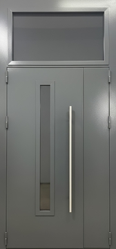 Металлическая полуторастворчатая дверь в подъезд с остекленной фрамугой, электромагнитным замком и длинной ручкой (серое полимерное напыление) Металлическая полуторастворчатая дверь в подъезд с остекленной фрамугой, электромагнитным замком и длинной ручкой (серое полимерное напыление)