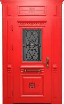 Парадная термодверь с фрамугой, боковыми вставками, ковкой, стеклом и отделкой красными плитами МДФ с багетом Парадная термодверь с фрамугой, боковыми вставками, ковкой, стеклом и отделкой красными плитами МДФ с багетом