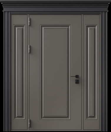Входная термодверь с металлофиленкой, вставками по бокам, карнизом и порошковым напылением RAL 7022 (тип №10)